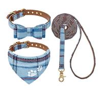 EXPAWLORER Juego de Collar y Correa para Perro, Collar clásico a Cuadros con Pajarita y Collar Bandana para Perro, sin enredos, Collares Ajustables para Perros pequeños y medianos, Azul Mediano