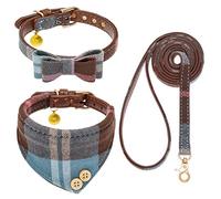 EXPAWLORER Juego de Collar y Correa para Perro, Collar clásico a Cuadros y Bandana con Bonita Campana, Correa de Perro sin enredos, Collar Ajustable para Cachorros pequeños, medianos y Grandes,
