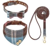 EXPAWLORER Juego de Collar y Correa para Perro - Diseño Clásico a Cuadros con Lindo Lazo y Bandana - Sin Enredos, Ajustable para Cachorros y Perros Pequeños