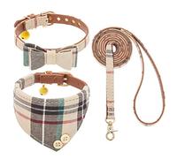 EXPAWLORER Juego de Collar y Correa para Perro, Pajarita clásica a Cuadros y Bandana para Perro con Bonita Campana, Correa de Perro sin enredos, Collar Ajustable para Cachorros pequeños, medianos y