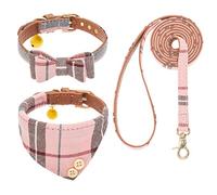 EXPAWLORER Juego de Collar y Correa para Perro, Pajarita clásica a Cuadros y Bandana para Perro con Bonita Campana, Correa de Perro sin enredos, Collar Ajustable para Cachorros pequeños, medianos y