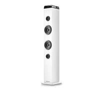 Experience immersive sound with the ngs skycharm pro white bluetooth 5.4 portable speaker, featuring 50w power, aluminum casing, karaoke function, usb aux input, and remote control, ideal for home and