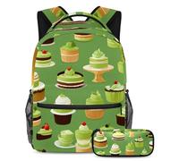 Experience The Perfect School Companion, juego de 2 mochilas escolares para niños, niñas y adolescentes con mochila y estuche, patrón de postre verde, multicolor, B：29.4x20x40cm P：19x7.5x3.8cm,
