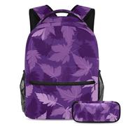 Experience The Perfect School Companion, juego de 2 mochilas escolares para niños, niñas y adolescentes con mochila y estuche, patrón de hojas moradas, multicolor, B:29.4x20x40cm P:19x7.5x3.8cm,