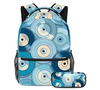 Experience The Perfect School Companion, juego de 2 mochilas escolares para niños, niñas y adolescentes con mochila y estuche, patrón de discos azules, multicolor, B：29.4x20x40cm P：19x7.5x3.8cm,