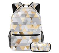 Experience The Perfect School Companion, juego de 2 mochilas escolares para niños, niñas y adolescentes con mochila y estuche, triángulo geométrico dorado y plateado, multicolor, B:29.4x20x40cm\