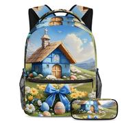 Experimenta la comodidad y el estilo con nuestra mochila y estuche de 2 piezas, juego de mochila escolar de primera clase para niños, niñas, adolescentes, casa cruzada azul de Pascua, multicolor,