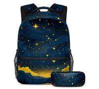 Experimenta la comodidad y el estilo con nuestra mochila y estuche de 2 piezas, juego de mochila escolar de primera clase para niños, niñas, adolescentes, cielo estrellado amarillo, multicolor,