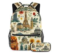 Experimenta la comodidad y el estilo con nuestra mochila y estuche de 2 piezas, juego de mochila escolar de primera clase para niños, niñas, adolescentes, patrón de paisaje de viaje, multicolor,