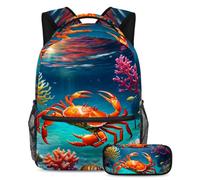 Experimenta la comodidad y el estilo con nuestra mochila y estuche de 2 piezas, juego de mochila escolar de primera clase para niños, niñas, adolescentes, bonito cangrejo, multicolor, B：29.4x20x40cm\