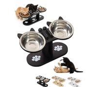Explcior Anti-Slip Elevated 3-Bowl Pet Feeder Cat Feeding Bowls with 15°Tilted Anti Vomiting Raised Cats Dog Bowls for Food and Water Stainless Steel Cat Feeding Station with Wooden Stand(Negro,2)