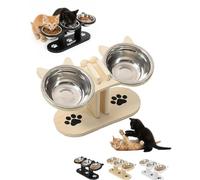 Explcior Anti-Slip Elevated 3-Bowl Pet Feeder Cat Feeding Bowls with 15°Tilted Anti Vomiting Raised Cats Dog Bowls for Food and Water Stainless Steel Cat Feeding Station with Wooden Stand(Wood,2)