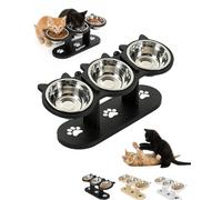 Explcior Anti-Slip Elevated 3-Bowl Pet Feeder Cat Feeding Bowls with 15°Tilted Anti Vomiting Raised Cats Dog Bowls for Food and Water Stainless Steel Cat Feeding Station with Wooden Stand(Negro,3)