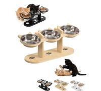 Explcior Anti-Slip Elevated 3-Bowl Pet Feeder Cat Feeding Bowls with 15°Tilted Anti Vomiting Raised Cats Dog Bowls for Food and Water Stainless Steel Cat Feeding Station with Wooden Stand(Wood,3)