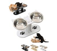 Explcior Anti-Slip Elevated 3-Bowl Pet Feeder Cat Feeding Bowls with 15°Tilted Anti Vomiting Raised Cats Dog Bowls for Food and Water Stainless Steel Cat Feeding Station with Wooden Stand(Blanco,2)
