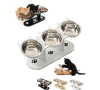 Explcior Anti-Slip Elevated 3-Bowl Pet Feeder Cat Feeding Bowls with 15°Tilted Anti Vomiting Raised Cats Dog Bowls for Food and Water Stainless Steel Cat Feeding Station with Wooden Stand(Blanco,3)