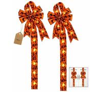 Explcior Holiday Halloween Cabinet Door Fringe Bows with Lights 40 Inch Hanging Ribbon Decor Pumpkin Bat Skull Pattern for Kitchen Cupboard Pantry Seasonal Home Decoration Set(Orange,2pcs)