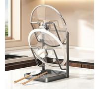 Explcior Kitchen Pot Lid Storage Rack, Pot Lid Holder with Tray, Multifunctional Rust-Resistant Carbon Steel Counter Organizer Stand for Stove Top, Two-Compartment Spatula Holder(Gray,Double-Layer)