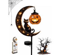 Explcior Solar Halloween Black Cat Garden Stake Light Pumpkin Moon Outdoor Powered Night Glowing Metal Wire Hanging Lantern Decorative Yard Lawn Pathway Walkway Landscape Decor Lamp