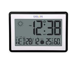 Explore Scientific RDC8002CM3000 - Reloj de Pared o de Mesa controlado por Radio, Fases Lunares, Temperatura Interior y Humedad, Gancho para Pared y Soporte de Escritorio, Color Negro