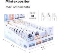 Expositor BSK Tech One con 10 cargadores USB-A, 20 cables Lightning y USB-C, 13 auriculares con micrófono blancos