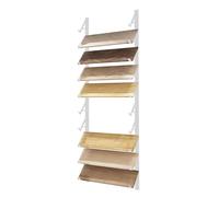 Expositor de muestras de Azulejos de cerámica de Pared - Almacenamiento metálico de 10 Niveles para muestras de Suelo, Soporte de Madera Resistente, Estante Flotante, Blanco (21,5 x 140 cm)