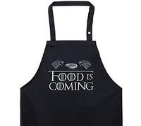 EXPRESS-STICKEREI Delantal cocina hombres con divertido mensaje: FOOD IS COMING Ajustable, con bolsillo, regalo de cumpleaños para fans de Juego de Tronos y amantes de la parrilla