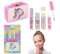 EXPRESSIONS Kit de cosméticos de labios para niños con brillo labial, bálsamos labiales y caja de almacenamiento de lata con texto en inglés "I Believe in Unicorns", lavable y no tóxico