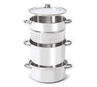 Exprimidor de acero inoxidable a vapor para frutas y verduras, eficiente extracción de jugo con tapa y accesorios, ideal para mermeladas caseras y elaboración de pastas.