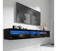 EXQUAL Soporte Flotante para TV con Luces LED y Toma de Corriente - Consola Multimedia Moderna de 71 Pulgadas con Almacenamiento - Gabinete de Alto Brillo Montado en la Pared