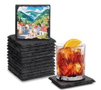 Exquilnova 12 posavasos de pizarra, vasos de 10 x 10 cm, posavasos de cristal cuadrados, posavasos de pizarra, posavasos en blanco grabados con láser para tazas, bebidas, bar, vidrio, velas