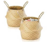 Exquilnova 2 cestas de almacenamiento de hierba marina, canastas pequeñas para lavandería, cestas para estantes, caja de almacenamiento plegable de ratán, cesta de mimbre con asa, maceta de mimbre