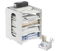 Exquilnova Organizador de escritorio de 5 niveles, A4, bandeja para documentos A4 con portalápices, color blanco, bandeja de papel, bandeja para cartas, apilable para oficina, escuela, hogar