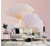 Exquisitas Y Elegantes Hojas De Ginkgo Con Bordes Dorados Sobre Un Fondo Rosa Suave 3D Papel Pintado Tapiz Textura de Seda Oficina Comedor Sofá Dormitorio Sala Estar TV Fondo Pantalla-400cm×280cm
