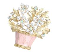 Exquisito broche de cesta de flores de aleación con acabado esmaltado, perlas de imitación para un aspecto elegante, pin de insignia esmaltada, One Size, como se describe