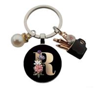 Exquisito llavero del alfabeto inglés para mujer, llavero de letra adornada con perlas, bonito dije de bolsa y colgante de mochila, accesorio de aleación ligera, negro (X)