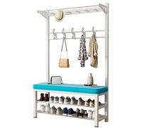 Exquisito perchero 4 en 1 con 15 ganchos y 2 niveles de almacenamiento de zapatos de metal para colgar chaquetas, entradas, percheros