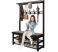 Exquisito perchero gris y zapatero con estante de almacenamiento, elegante perchero de metal para pasillo, 100 x 33 x 172 cm, organizador perfecto para abrigos y zapatos