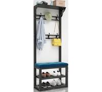 Exquisito perchero industrial con banco de zapatos y estante de almacenamiento de entrada, resistente y fácil de montar, 6 ganchos para organización de dormitorio, color negro