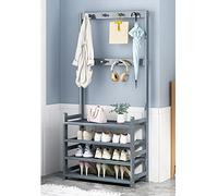 Exquisito zapatero de 4 niveles con ganchos dobles para entrada, mueble de almacenamiento independiente en pasillo gris