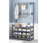 Exquisito zapatero de 4 niveles y perchero con ganchos dobles, mueble de almacenamiento independiente para entrada y pasillo, color gris