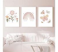 EXQULEG Juego de 3 cuadros de pared para habitación de bebé, póster para habitación de bebé, arco iris, sol, nube, flores y mariposas, DIN A4, decoración bohemia (BDE)