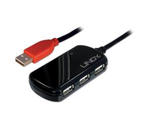 Extensión activa USB 2.0 - LINDY - Pro 12m - Hub de 4 puertos - Color Negro - Alimentación 5V 2A