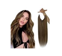 Extensión de cabello humano con línea de pescado, alambre de cabello natural, trama de cabello de alambre invisible de una pieza con 2 clips Wear and Go(Brown Mixed Caramel Blonde,20 inch)