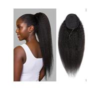 Extensión de cola de caballo Cola de caballo con cordón for mujeres negras Extensiones de cola de caballo de cabello humano liso y rizado # 1B Cabello Remy brasileño Yaki Clip recto en extensiones de