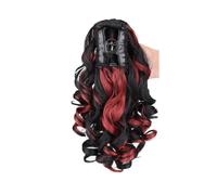 Extensión de cola de caballo de 14 pulgadas, cola de caballo ondulada rizada con clip for mujer Easy Installation and Removal(Black mix red)