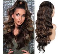 Extensión de cola de caballo larga ondulada para mujer, con cordón, extensiones de cola de caballo con clip, postizo sintético rizado de 24 pulgadas (color: marrón mezclado con dorado)
