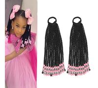 Extensión de cola de caballo para niños, con cuentas, trenzas, extensiones de cabello sintético con lazos protectores, fácil y a la moda, para bebés y niñas pequeñas (rosa, caja, 9 pulgadas)