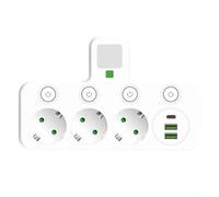 Extensión de enchufe europeo de 1 a 3 regleta de alimentación dividida con puertos de carga USB, interruptores individuales de encendido y apagado, columna de soporte ajustable en altura, luz nocturna