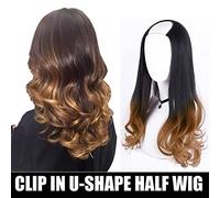 Extensión de pelo invisible de una sola pieza en forma de U 3/4, media peluca ondulada grande para cosplay, 50 cm, degradado, 2 tonos, negro/marrón claro